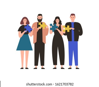 People holding jigsaw puzzle flat vector illustration. Business team collaboration, employees coworking metaphor. Teamwork and cooperation. Project management, problem solving concept.