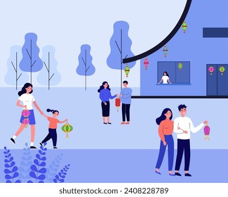 People holding lanterns vector illustration. Happy people celebrating Lantern Festival in China. Celebration, holiday, traditions and culture concept