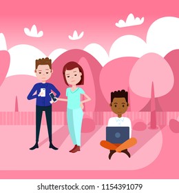 people holding laptop smartphones working outdoors over pink park landscape mix race man woman flat vector illustration
