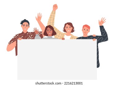 People holding a large banner and waving their hands in greeting
