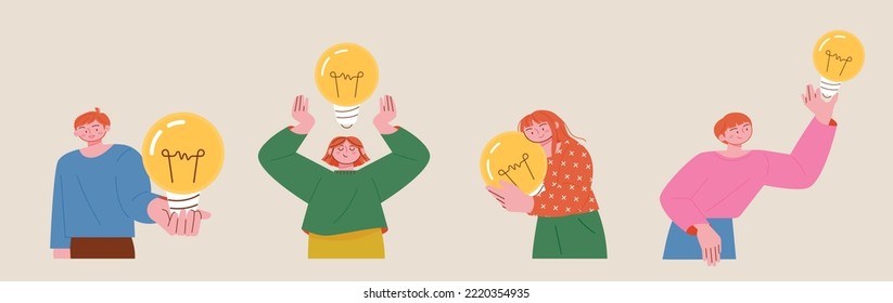 People holding large light bulbs in their hands and making various gestures. flat vector illustration.