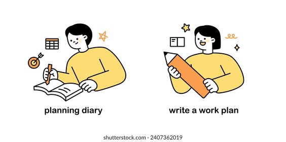 People are holding large pencils and writing plans in diaries. outline simple vector illustration.