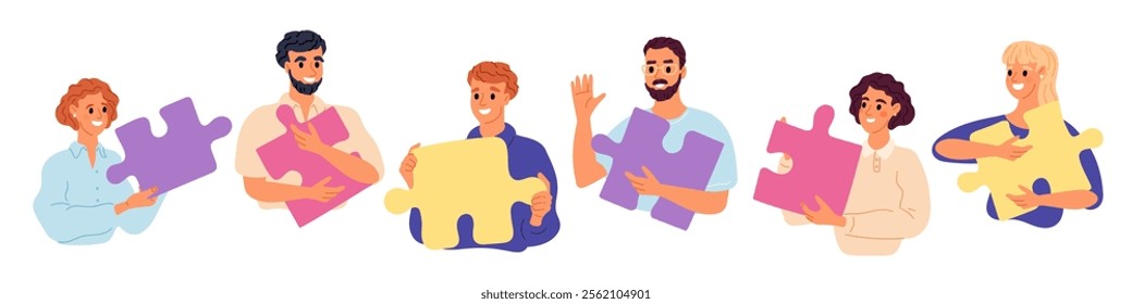 People holding large pieces of colored puzzle. Business teamwork. Working on common task. Office staff characters. Employees cooperation. Men and women with jigsaw