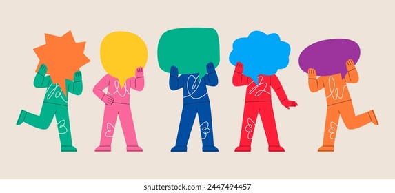 People holding large speech message bubbles with instead of heads. Colorful vector illustration
