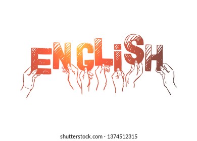 Personas que sostienen letras en manos, aprendiendo lengua internacional, Reino Unido, Gran Bretaña. Escuela de inglés, estudiantes universitarios, bosquejo del concepto del curso educativo. Ilustración vectorial dibujada a mano