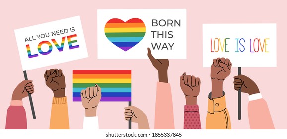 People Holding Lgbt Posters, Symbols, Signs And Flags With Rainbows, Gay Parade, Pride Month. Human Rights, Love Is Love. Vector Illustration In Flat Cartoon Style, Isolated On Pink Background. 