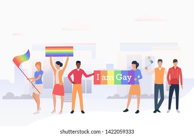 People holding LGBTQ flags and I am Gay banner in parade. Diversity, discrimination, freedom concept. Vector illustration can be used for topics like tolerance, homophobia, social rights