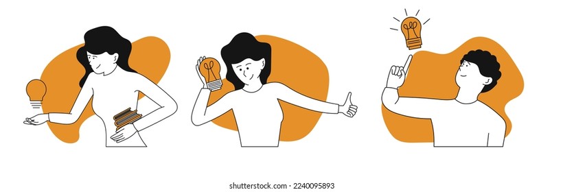 People holding lightbulb vector concept illustration. Innovation idea with creative person. Business character creativity and success inspiration. Human solution and smart education for professional