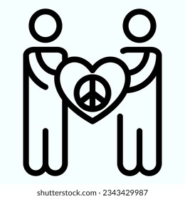 People holding love and peace symbol line icon. Antiwar and love symbol vector illustration isolated on white. People with peace symbol on heart outline style designed for and app. Eps 10.