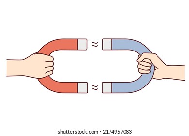 Menschen, die Magnete halten, werden sich gegenseitig angezogen. Spannungen oder Anziehungskraft zwischen Mann und Frau. Kundenbindung. Vektorgrafik. 