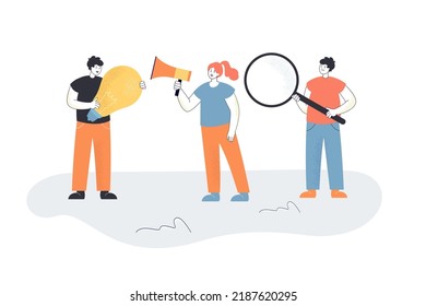 People holding magnifier, speaker and lightbulb. Team working, brainstorming, searching for ideas flat vector illustration. Invention, startup concept for banner, website design or landing web page