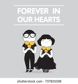People Holding Marigold Or Yellow Flowers Bloom In Honour To The King Of Thailand. Love Live Forever In Thai Hearts Concept Card Character illustration