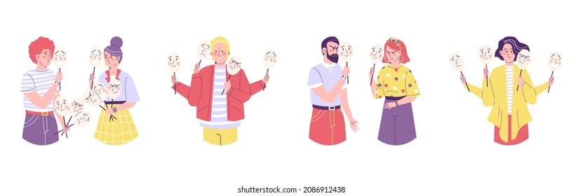 People are holding masks in their hands. Set of characters. Vector flat cartoon illustration isolated on white background. Concept of characters.