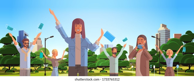 people holding medical masks coronavirus win defeated covid-19 men women celebrating victory over nCoV ending pandemic quarantine cityscape background horizontal portrait vector illustration