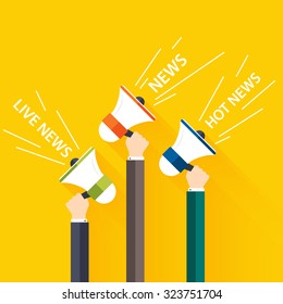 People holding a megaphone with a message. Business flat vector illustration.