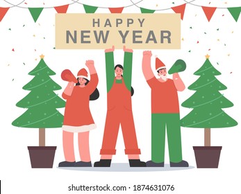 People holding Megaphone and people raising Happy new year banner in Christmas party scene. Illustration about Christmas party celebration.