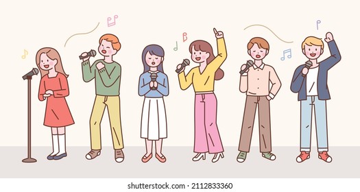 La gente está sosteniendo micrófonos y cantando en el escenario. ilustración vectorial de estilo de diseño plano.