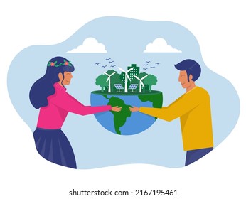 people holding model world with clean energy or ESG  nature protection, nature saving concept of environmental ,plant trees to produce air making the world's environment better.