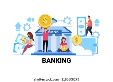 people holding money banking investment concept men women giving out exchange dollar coin banknote savings investing flat horizontal vector illustration