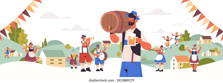 people holding mugs and playing musical instruments celebrating beer festival Oktoberfest party celebration concept landscape background greeting card horizontal vector illustration