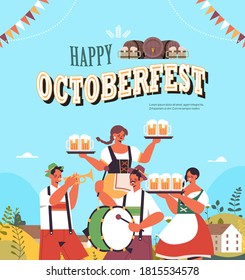 people holding mugs and playing musical instruments celebrating beer festival Oktoberfest party celebration concept greeting card copy space vector illustration