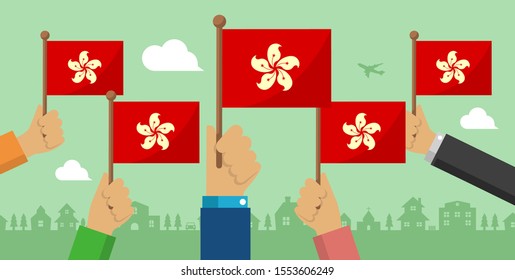 People holding the national flag in hand , vector banner illustration / Hong kong