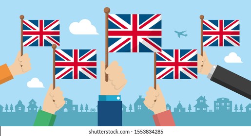 People holding the national flag in hand , vector banner illustration / UK, united kingdom, England