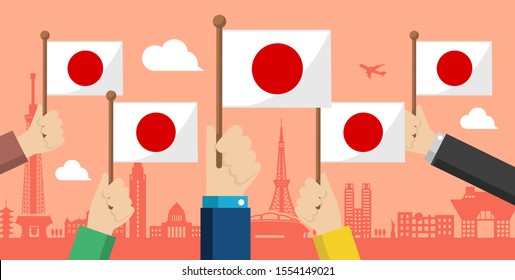 People holding the national flag in hand , vector banner illustration / Japan
