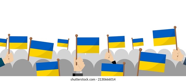 People holding the national flags of Ukraine. Vector banner illustration