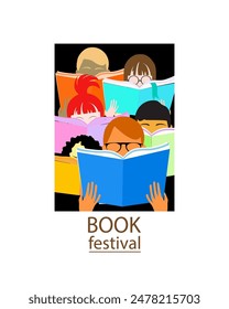 People are holding an open books and reading.  Poster for book festival, education, culture festival, library or other reading or literature event. Vector illustration.