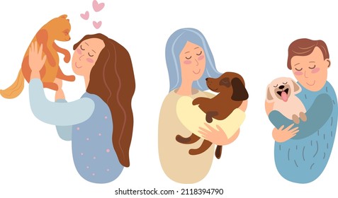 People holding pets set. Girl holding hugging dog pet love emotions animal love, flat vector set, cartoon woman playing with cat fluffy animal friend boy adopted dog puppy woman man cuddle furry pets 