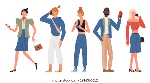 People holding phone vector illustration set. Cartoon young man woman characters standing, using cellphone for communication, businesswoman, hipster freelancer or fashion student isolated on white
