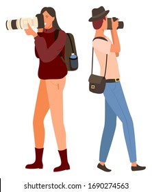 People holding photo-camera, focusing on object. Man and woman with camera equipment, shooting element, smiling female wearing backpack, photo vector