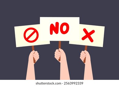 People holding placard banners. Debate, argument, disagreement, protest, community concept. Flat character vector design illustration.