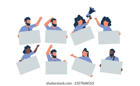 People holding placard set illustration cartoon blank banner. Business group concept message poster protest. Empty isolated board icon. Crowd human demonstration social activist team showing