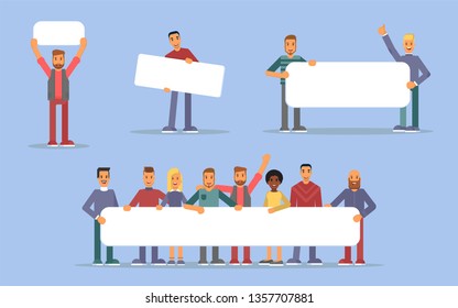 People holding placards flat vector illustrations set. Cartoon characters with empty banners mockups. Caucasian men and women have blank posters in hands. Demonstration, protest action cliparts