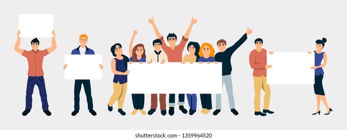 People holding placards flat vector illustrations set. Cartoon characters with empty banners mockups. Caucasian men and women have blank posters in hands. Demonstration, protest action cliparts