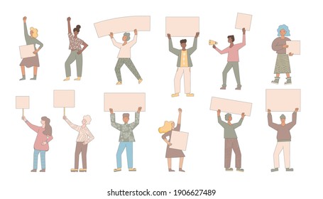 People holding placards isolated on white background. Persons standing with blanks. Men and women wearing in casual clothes with banners taking part in picket. Social activism. Vector illustration.