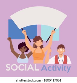 People with holding placards at a social protest vector illustration design