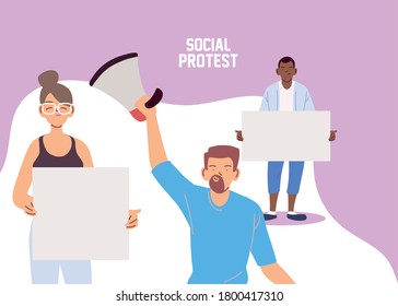 People with holding placards at a social protest vector illustration design