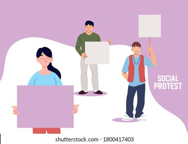 People with holding placards at a social protest vector illustration design