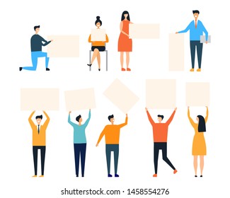 People holding placards vector illustration. Man and woman with clean banners isolated on white background. People hold placard and poster, protest and demonstration