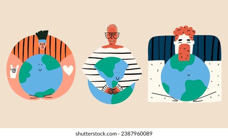 People holding planet earth to illustrate the concept of caring for the planet. Vector illustration in hand draw style.