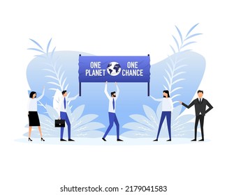 People holding a poster with text one planet one change. Vector illustration.