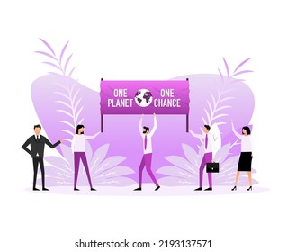 Gente sosteniendo un afiche con texto un planeta un cambio. Ilustración vectorial.