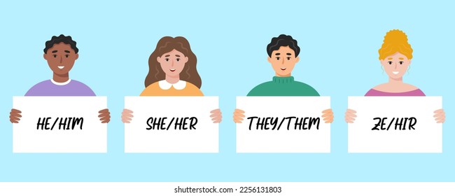 People holding posters with different gender pronouns. He, she, they, ze, non-binary person. Vector illustration in flat style.