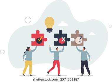 people holding puzzle and light bulb .Making decision.flat characters.