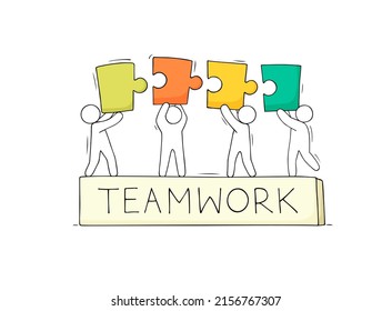 People holding puzzle pieces. Concept of teamwok, business, cooperation. Hand drawn cartoon vector illustration for business design and infographic.