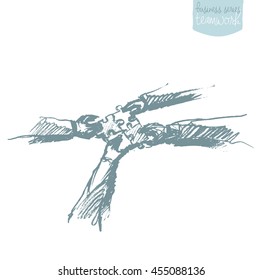 People holding puzzle. Teamwork concept sketch