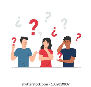 People holding question mark. Doubts, curious and confused